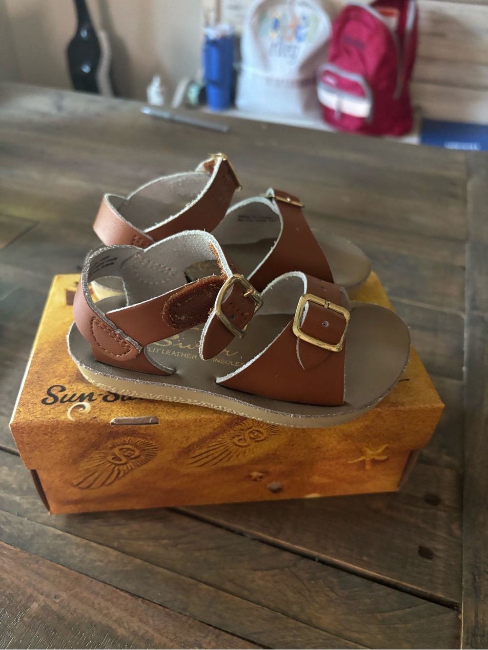 Toddler Brown Leather Buckle Sandals with Gold Accents